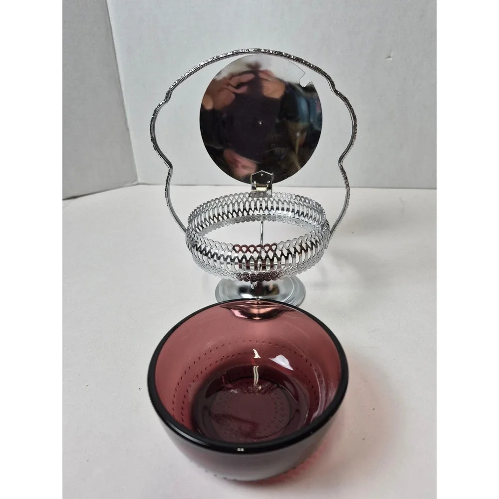 Vintage Amethyst‎ Purple Glass Jam Jar with Silver Tone Metal Caddy and Handle